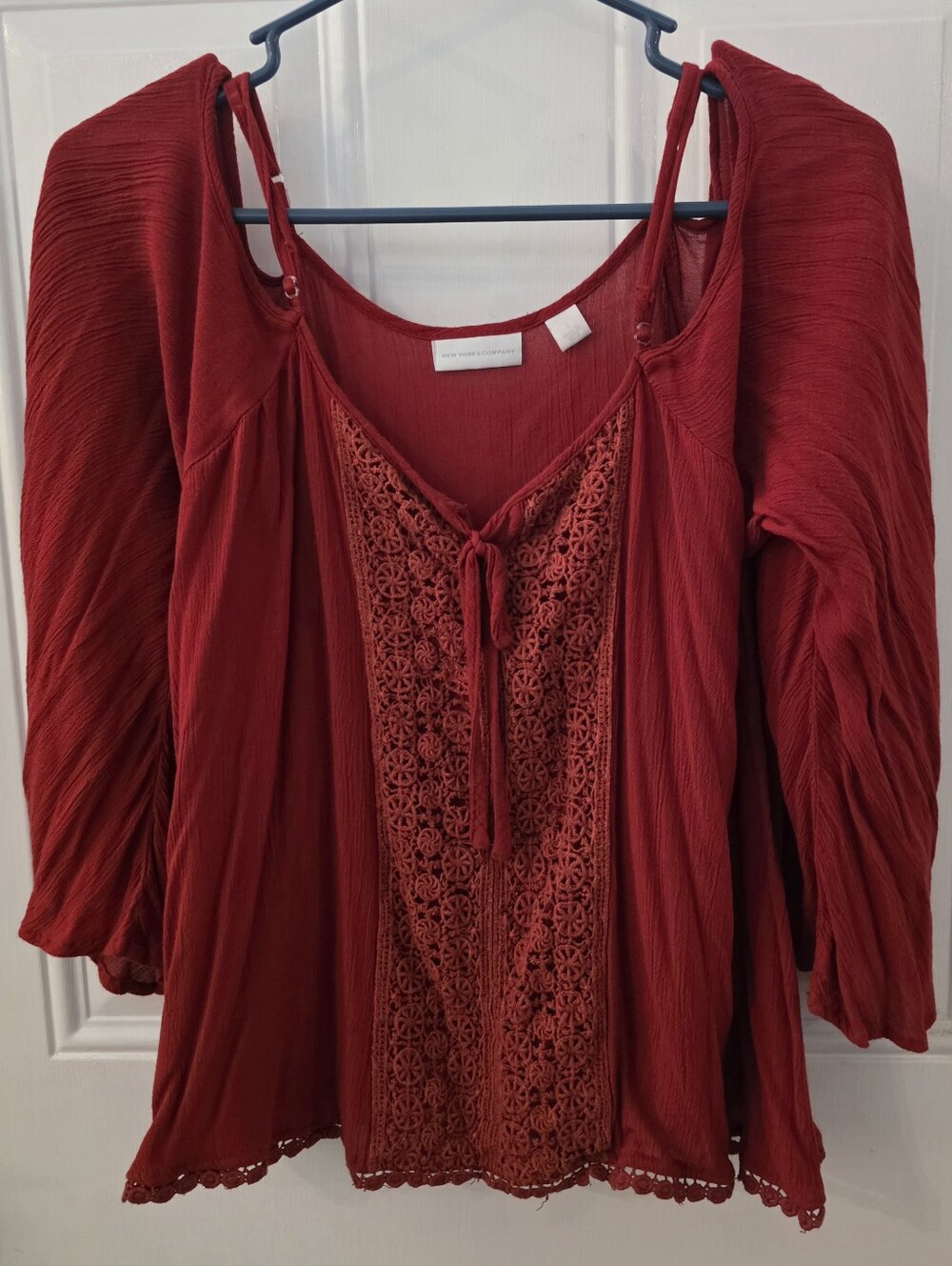Women’s Red Crochet-Front Peasant Top